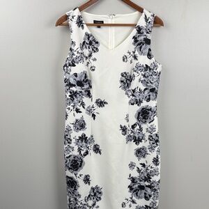 Talbots White Midi Dress with Black Floral Print size 6 sheath lined slit
